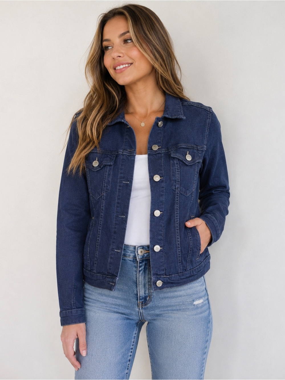 Azur Blue Denim Trucker Jacket Button Front Classic Jean Jacket Small